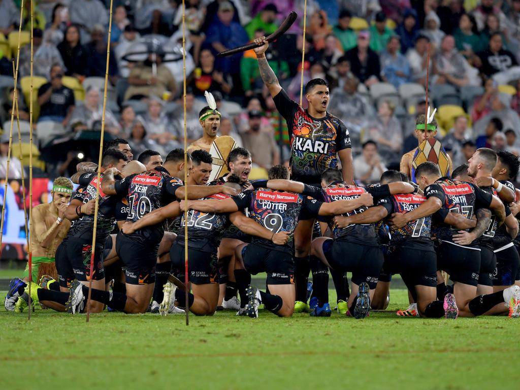 Calling his troops to action, the Indigenous war cry before every All-Stars match will give you chills. Picture: Evan Morgan.