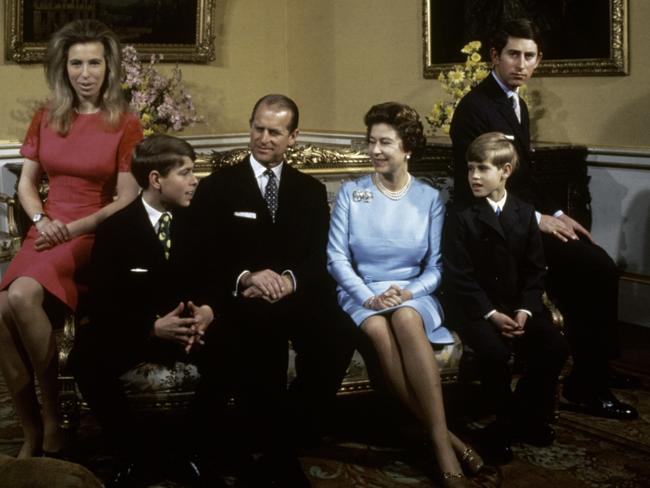 ‘Never destined to bve close’: Charles and Andrew with Princess Anne, Prince Philip, Queen Elizabeth, Prince Edward at Buckingham Palace, 1972. Picture: Fox Photos/Hulton Archive/Getty Images