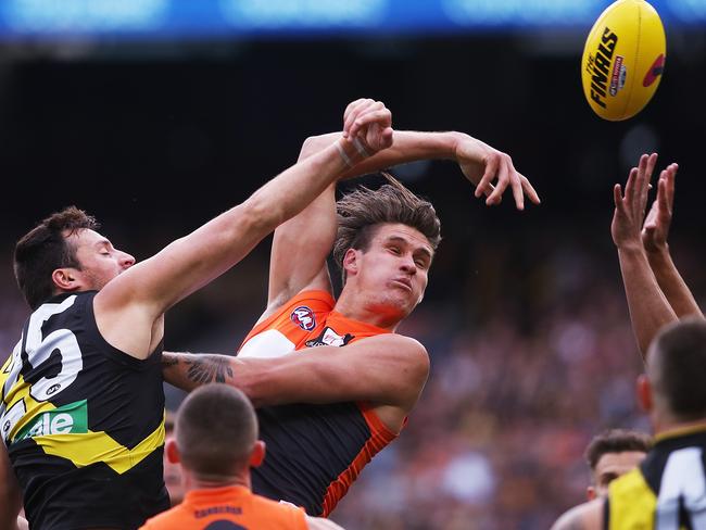 Giants’ Rory Lobb and Richmond's Toby Nankervis during the AFL Preliminary Final match. Picture. Phil Hillyard