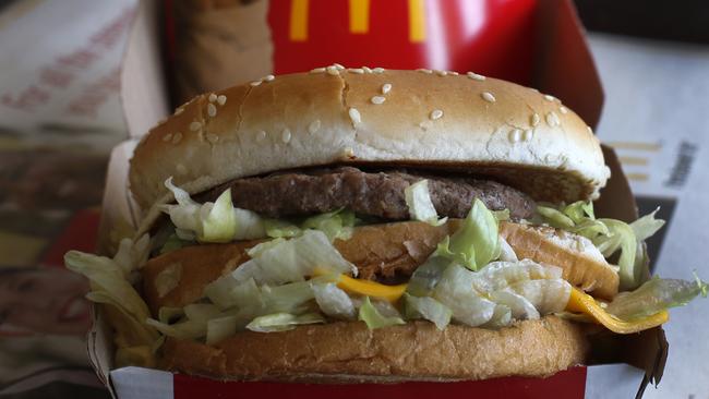 FILE - This Tuesday, Jan. 21, 2014, file photo showsa McDonald's Big Mac sandwich at a McDonald's restaurant in Robinson Township, Pa. The world’s biggest hamburger chain is confronting unappetizing questions as part of a U.S. campaign to beat back perceptions that it serves Frankenfood. The company has run similar campaigns in Canada and Australia and said Monday, Oct. 13, 2014, it’s bringing the effort to its flagship market. (AP Photo/Gene J. Puskar, File)