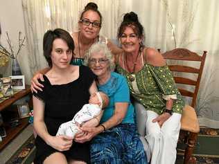 HAPPY FAMILIES: Five-week old Astrid Hewerdine, with mum Pamela Tinney, grandmother Brandy Spokes (back left), great-grandmother Di Gerrard (back right) and great-great-grandmother Joy Payne (front). Picture: Mike Knott BUN120918FIVE2