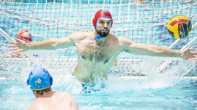 Matt Lenarduzzi in the penalty shootout in the Queensland Premier League Water Polo match between Kawana Wolves and River City at Fortitude Valley Pool. Picture: Richard Walker