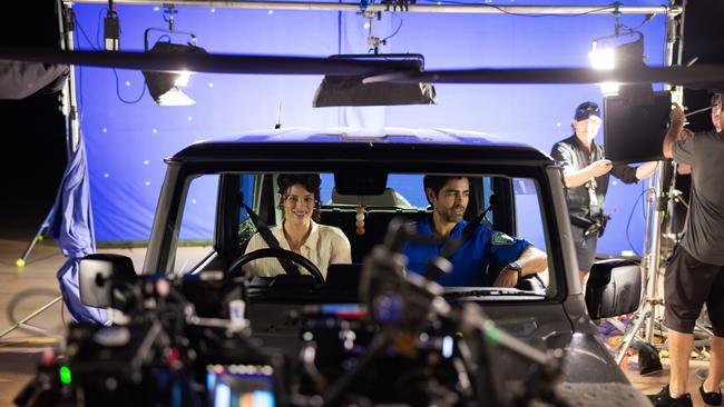 Actors Jessica De Gouw and Adrien Grenier on the set of new romantic comedy You, Always, which was filmed on location in Cairns and Screen Queensland Studios, Cairns. Photo: Supplied.