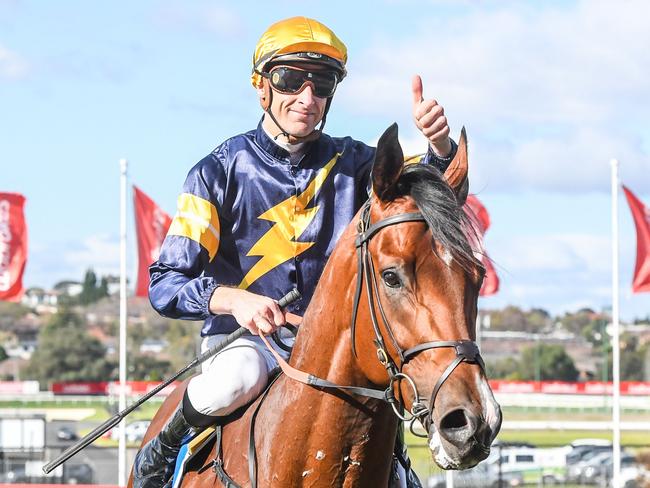 Blake Shinn returns to the mounting yard on He'll Rip after winning the Dominant 65 years Handicap at Moonee Valley Racecourse on July 29, 2023 in Moonee Ponds, Australia. (Photo by Brett Holburt/Racing Photos via Getty Images)