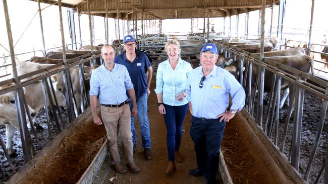 L to R, Matthew Trace Vice President QDO, Eric danzi Executive officer QDO, Senator Bridget McKenzie Minister for Agriculture, Brian Tessmann President QDO, on the dairy farm of Joe Bradley, 'Oakleigh' a Brown Swiss dairy, talking about issues related to the Dairy and sugar industries, Rush Creek, Monday 16th December 2019 - Photo Steve Pohlner