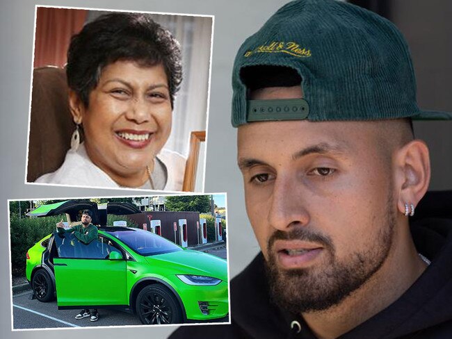 A court has heard statements from tennis star Nick Kyrgios, right and mother Norlaila Kyrgios, to0p left, recalling their terror of gunpoint Tesla robbery. Pictures: Supplied