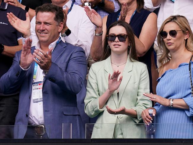 Karl Stefanovic ( left) and wife Jasmine (right) are seen after the second round match between Ashleigh Barty of Australia and Polona Hercog of Slovenia on day three of the Australian Open tennis tournament at Rod Laver Arena in Melbourne, Wednesday, January 22, 2020. (AAP Image/Dave Hunt) NO ARCHIVING, EDITORIAL USE ONLY