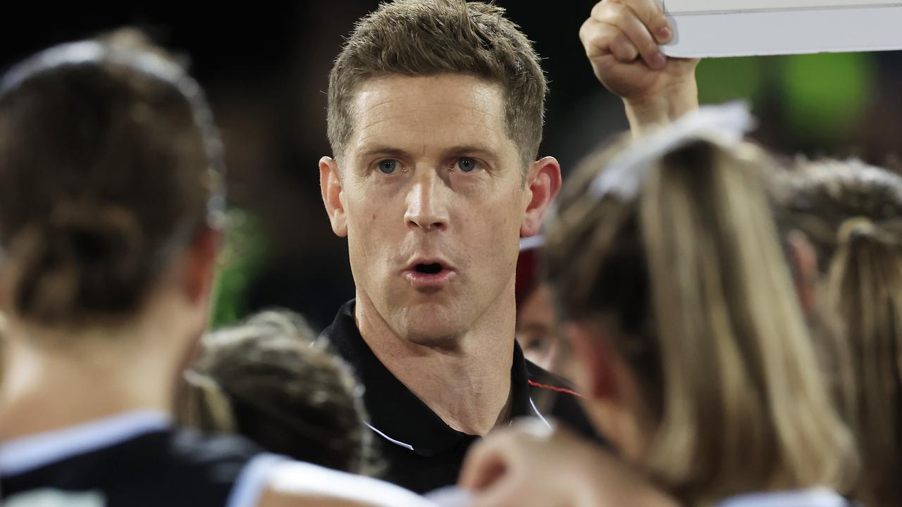 Nick Dal Santo rallies his team at the three-quarter time huddle. Picture: Mark Evans/AFL Photos/via Getty Images