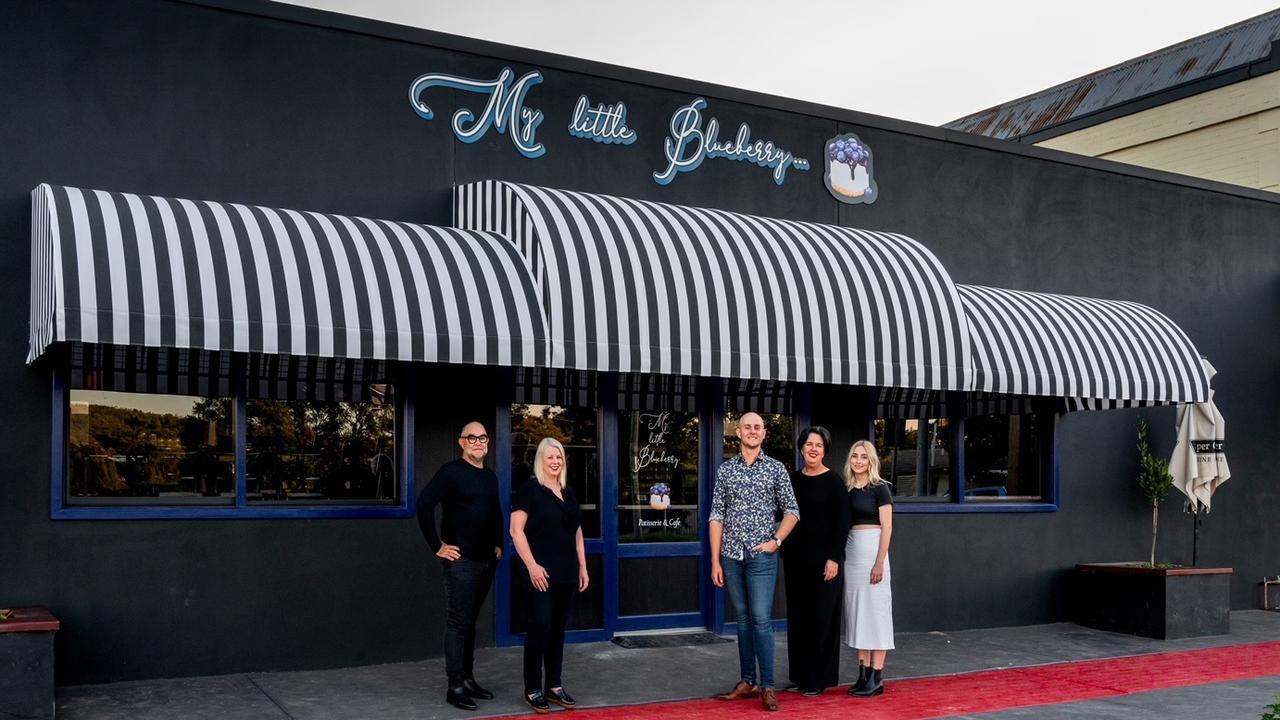 Larry Hinds, Kara Glen-Smith, Oliver Hinds, Amanda Hinds and Sabine Hinds outside My Little Blueberry bakery and patisserie in Crows Nest.