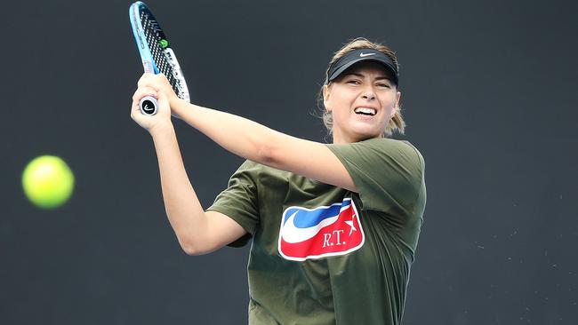 Maria Sharapova hits a backhand during practice. Picture: Getty Images