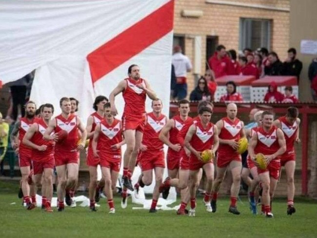 South Gambier Football Club players run out onto the ground. Picture: Supplied, Andy Davies