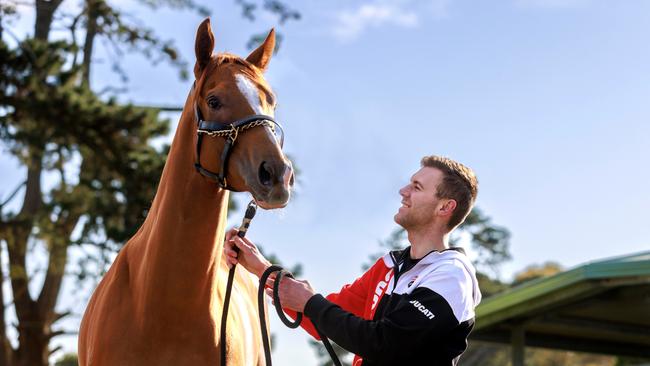 Trainer Clayton Douglas with his 2022 The Everest winner Giga Kick. Picture: David Geraghty