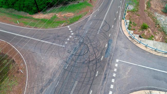 Stow Road in Howard Springs has seen a series of hoon driving events that have left marks on the road and neighbours frustrated. Picture: Che Chorley