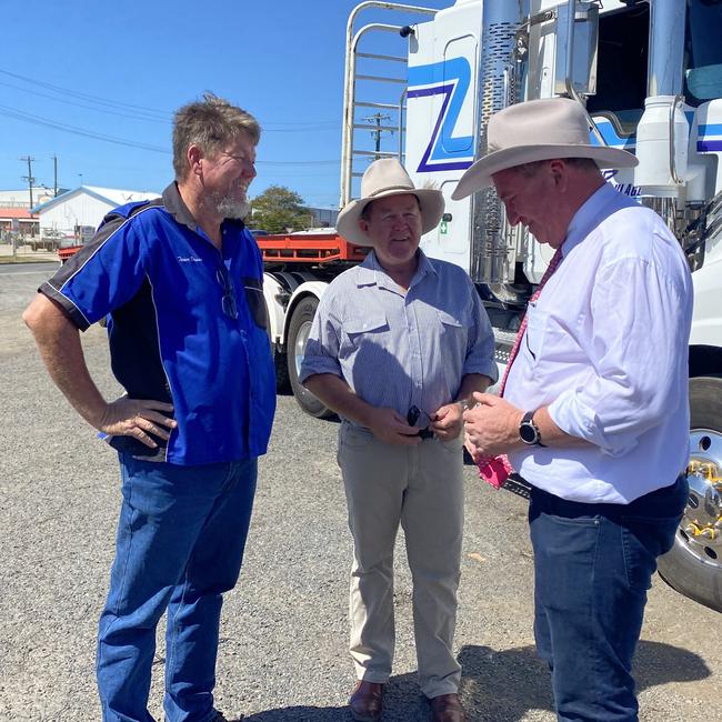 Deputy Prime Minister Barnaby Joyce joined LNP candidate for Flynn Colin Boyce and KJP Haulage Director Kirk Porter to announce almost $15m of funding to fix vital roads for industry in Gladstone Region. Picture: Nilsson Jones