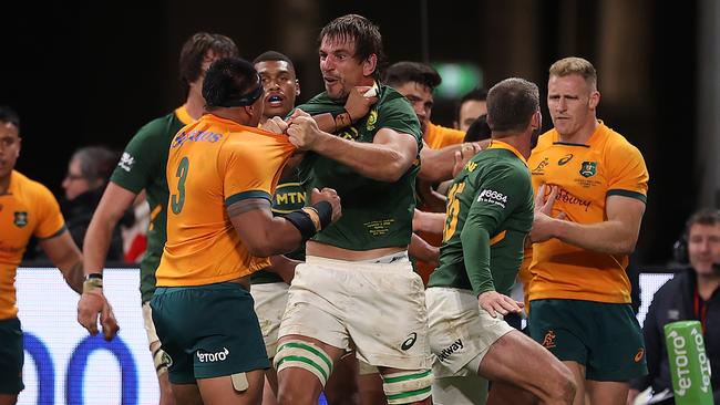 South Africa’s Eben Etzebeth scuffles with Allan Alaalatoa in the Test at Allianz Stadium. Picture: Mark Kolbe/Getty Images