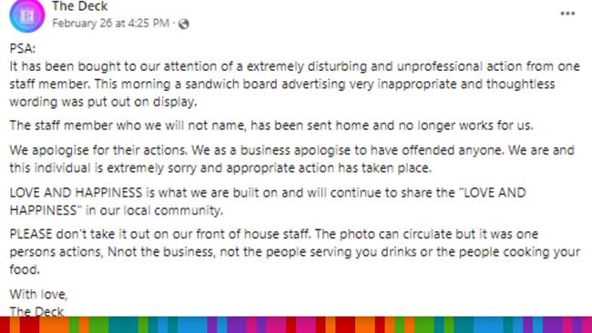 A Victorian venue has released apologies via Facebook since being called out for an offensive sandwich board. Image: Facebook @thedeckshepparton