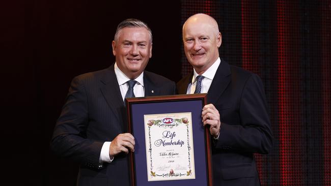 Eddie McGuire was presented with his AFL Life Membership from AFL Commission Richard Goyder. Picture: Daniel Pockett.