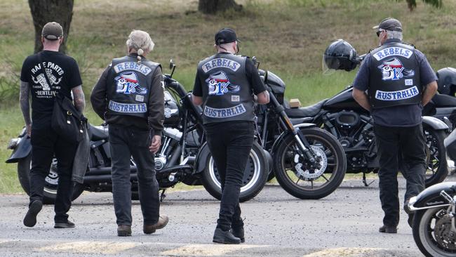 Rebels bikie members gather at Canberra’s old greyhound racing track at the weekend. Picture: Martin Ollman