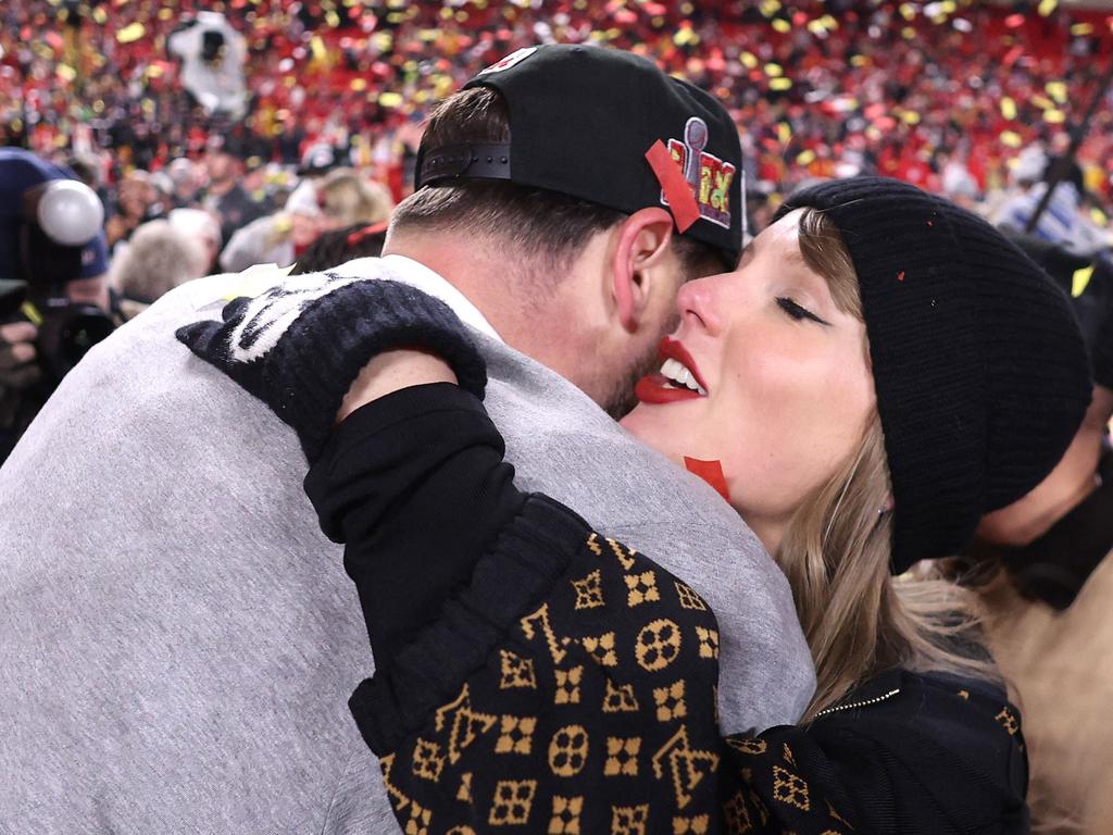 Taylor Swift hugs Travis Kelce after his epic win. Picture: Getty Images via AFP