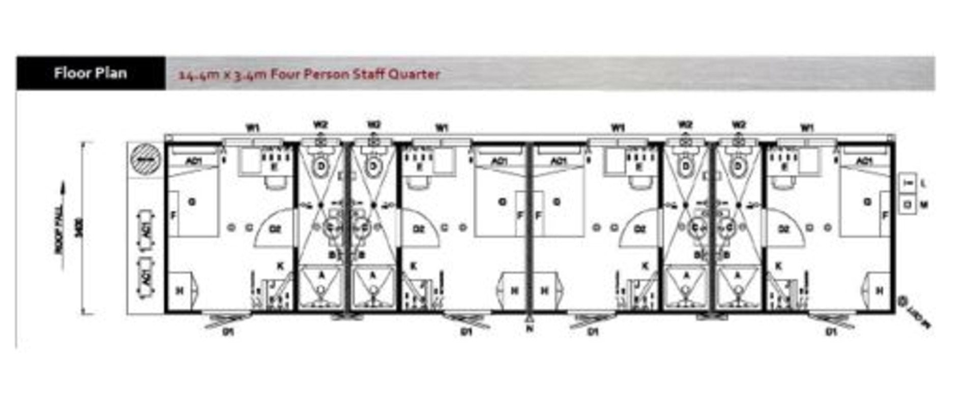 Floor plan for four-person staff quarters at a Suttor Worker Camp housing workers from the Byerwen Coal Project. Picture: QCoal/Isaac Regional Council