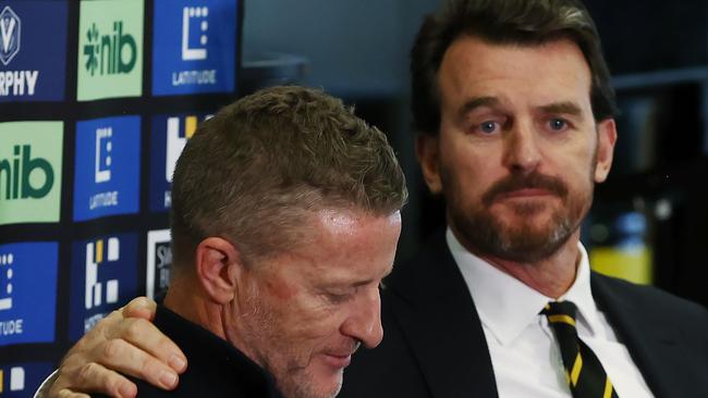 Brendon Gale and Damien Hardwick at Hardwick’s final press conference as Richmond coach. Pic: Michael Klein