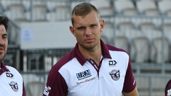 Tom Trbojevic on the sidelines during Manly’s trial against Cronulla on Sunday. He is fit to play round one. Picture: Grant Trouville NRL Photos