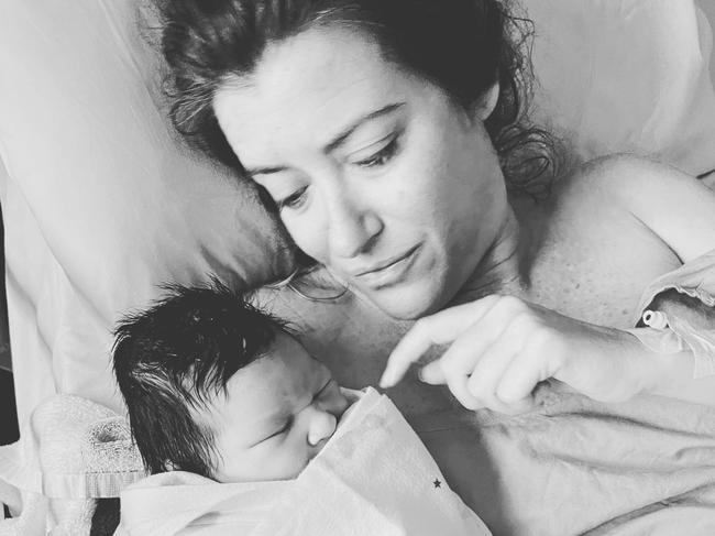 New mother Sall Grover, with her new baby Isabelle, is not happy at having to sign a government Medicare form calling her a "Birthing Parent" instead of mother. Picture: Supplied