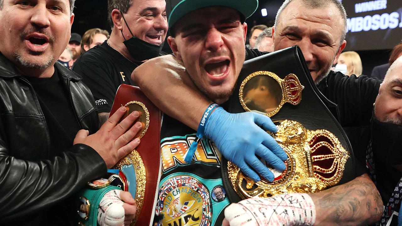 George Kambosos celebrates his split decision win against Teofimo Lopez. Picture: Al Bello/Getty Images/AFP