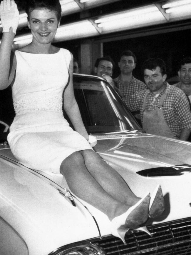 Miss Australia 1964, Jan Taylor, on visit to the Broadmeadows plant.