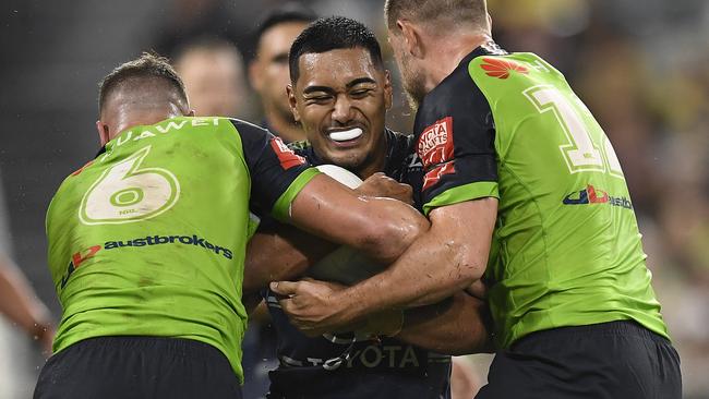 Connelly Lemuelu is enjoying his longest stint in the NRL. (Photo by Ian Hitchcock/Getty Images)