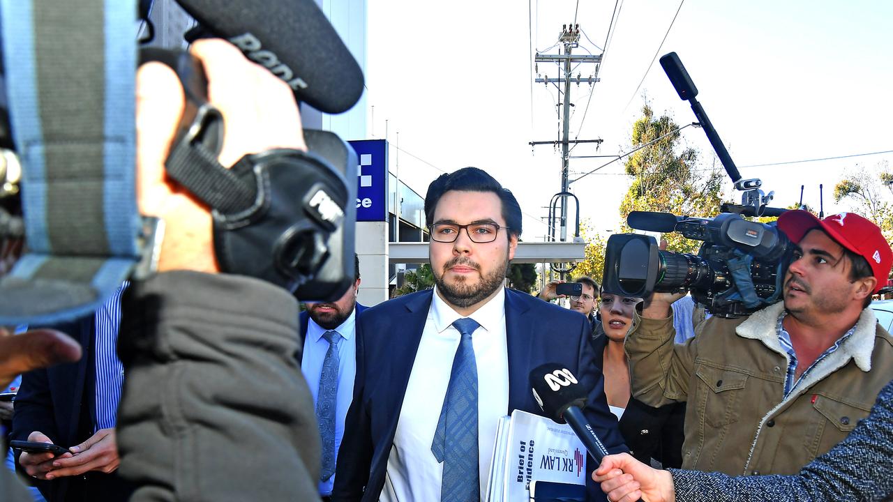 Former parliamentary staffer Bruce Lehrmann leaves Toowoomba Courthouse at his first appearance on two charges of rape. Picture: NewsWire / John Gass