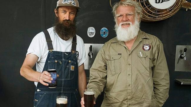 Bruce Pascoe with Sailors Grave brewer Chris ant the Dark Emu beer. Picture: Sailors Grave