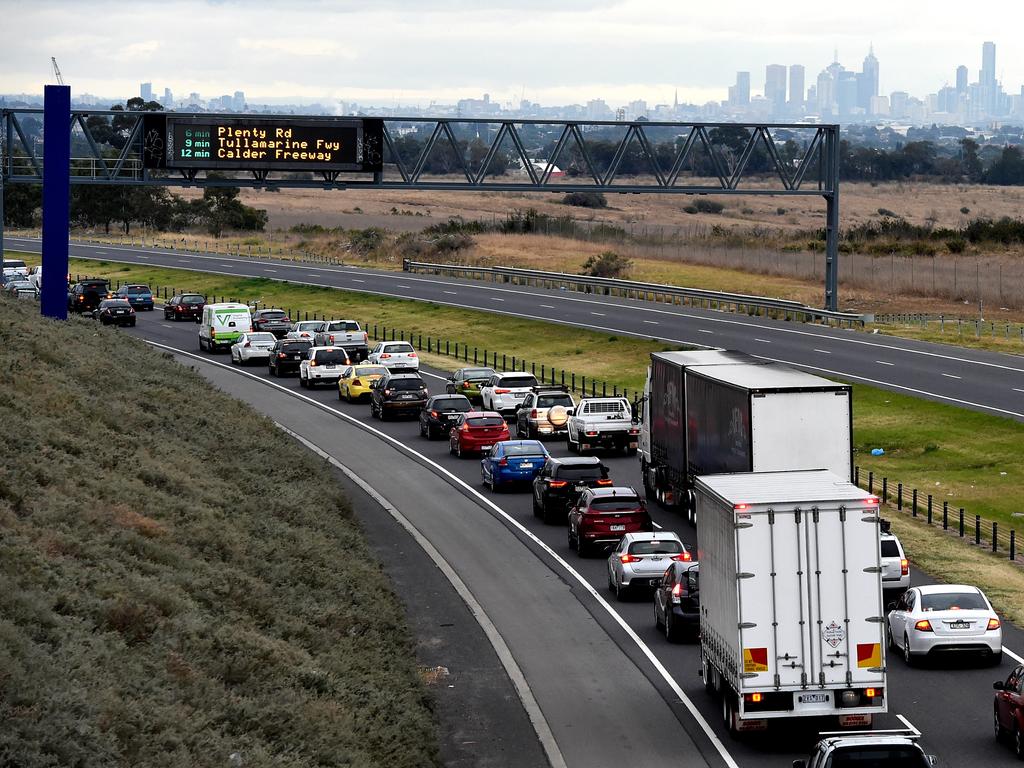 Delays on Hume freeway after truck with chicken nuggetts rolls and blocks outbound lanes on Hume freeway from Western Ring Road to Cooper street, inbound traffic is clogged by rubbernecks, Lalor.  Picture: Nicole Garmston