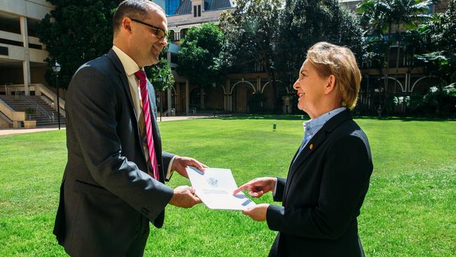 Shadow Attorney-General David Janetski with LNP frontbencher and Mudgeeraba MP Ros Bates outside State Parliament. Bikies laws are weak, he says.