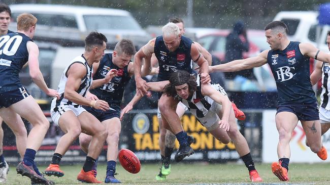 Berwick and Narre Warren do battle in the 2019 AFL Outer East Premier grand final. Picture: Josie Hayden