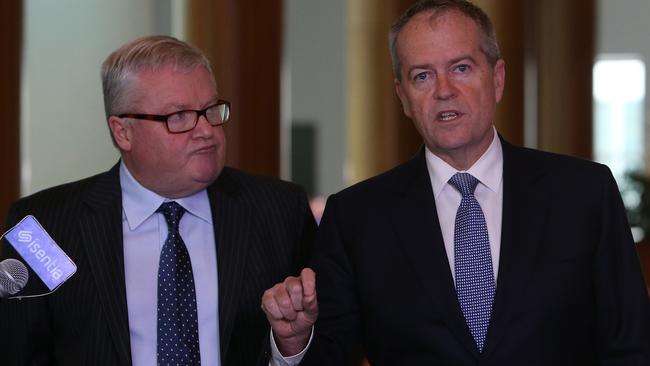 Peter Gordon and Bill Shorten fronting the media in 2019. Picture: Kym Smith