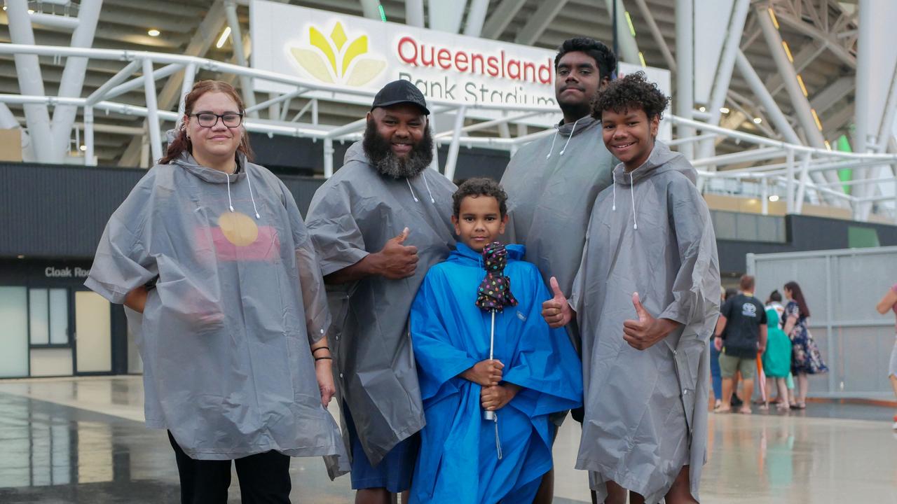 Terese shows off Indigenous pride with her family Emmanuel, Nate, 9, Malachi, and Noah, 13, at the NRL All Stars matches in Townsville on Friday. Picture: Blair Jackson