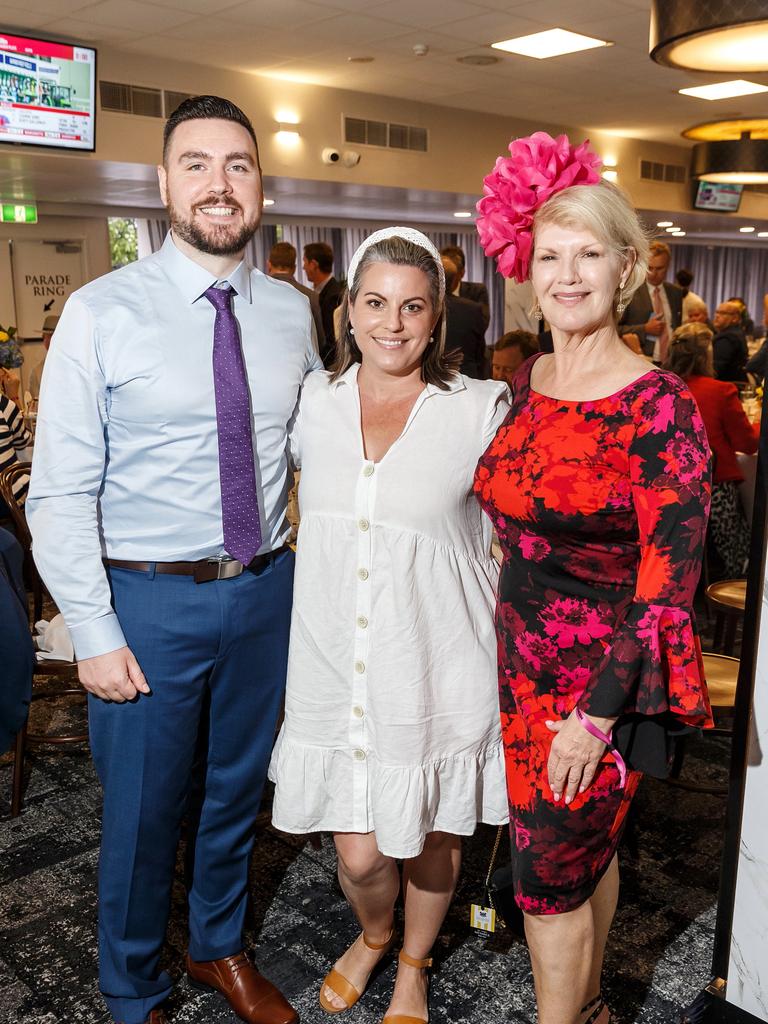 Mark O'Sullivan, Ellie Johnson and Kathy Southon at the Brisbane Racing Club's grand unveiling of the refurbished Guineas Room. Picture: Jared Vethaak