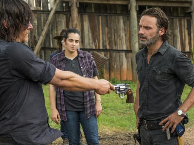 Norman Reedus as Daryl Dixon, Alanna Masterson as Tara Chambler, Chandler Riggs as Carl Grimes, Andrew Lincoln as Rick GrimesÂ - The Walking Dead _ Season 7, Episode 8 - Photo Credit: Gene Page/AMC