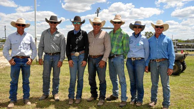 NOT THEIR FIRST RODEO: Clinicians Tony Mortimer, Nathan Wilson, Leah Read and Andrew Currie, with Monto Silver Buckle president Kevin Purcell and organisers Jody & Mick Southern. Picture: Mackenzie Colahan