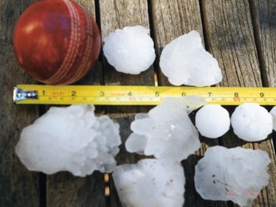 BOM picture of hailstones from the Sydney hail storm, New South Wales,14 April 1999 compared with a seven-centimetre diameter cricket ball. Photograph courtesy of Milton Speer.