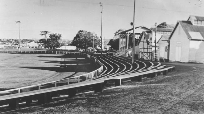 Old timber pavilions at Brookvale Oval before the concrete grandstand was built