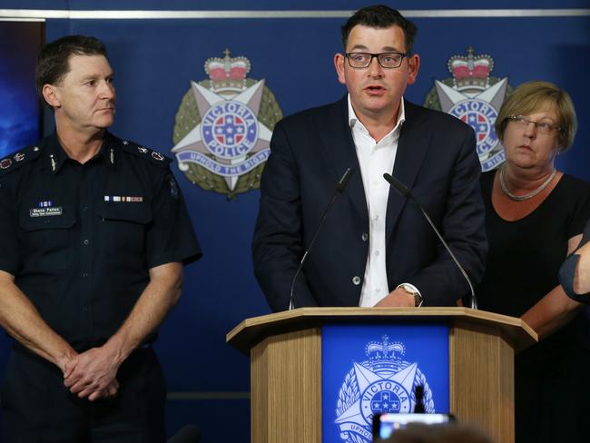 Premier Daniel Andrews, Acting Chief Commissioner Shane Patton and Police Minister Lisa Neville. Picture: David Crosling