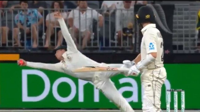 Steve Smith takes a classic catch to remove Kiwi skipper Kane Williamson on day two of the Perth Test.