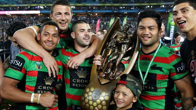 Api Koroisau, left, won the 2014 NRL grand final with Souths under coach Michael Maguire. Picture: Gregg Porteous