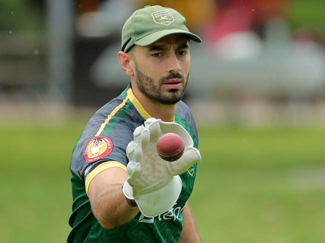 Anthony Sams of Randwick Petersham warms up prior to the round 3 of the NSW Premier Grade cricket match between Randwick Petersham and Northern Districts at Petersham Oval on October 22, 2022 in Petersham. (Photo by Jeremy Ng/Newscorp Australia)