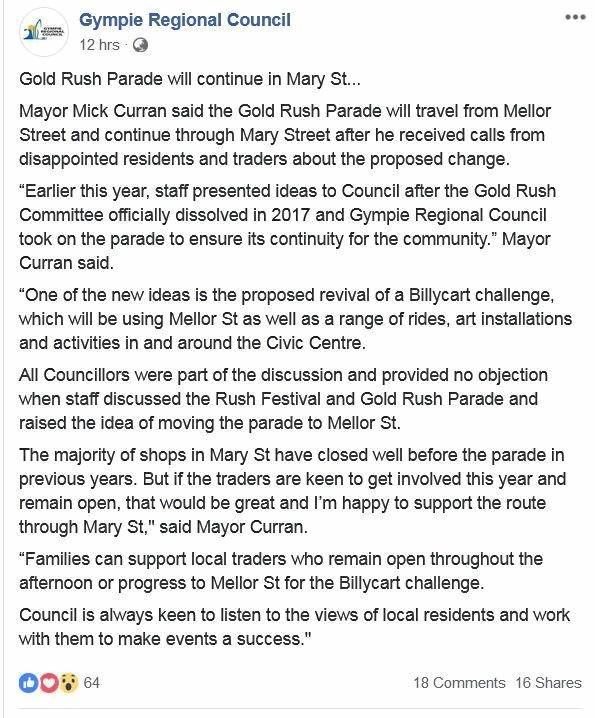 A statement released by the Gympie Regional Council on their Facebook page at 9pm Saturday on the change of venue for the Gold Rush Parade BACK to Mary St. Picture: Donna Jones