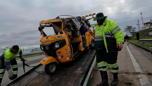 Ryan Magee's Tuk Tuk on a trailer after it was hit by a truck in Japeri, Brazil. Photo: Ryan Magee