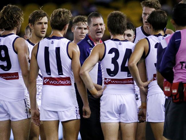 Fremantle coach Ross Lyon gives his players a spray at quarter-time. Picture: Colleen Petch