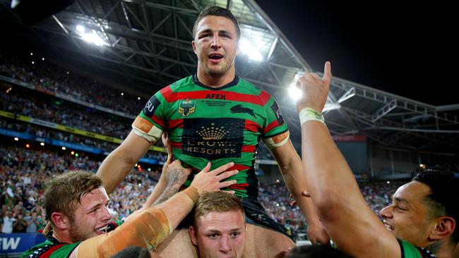 Sam Burgess is chaired from the field after South Sydney’s 2014 grand final win. Picture: Gregg Porteous